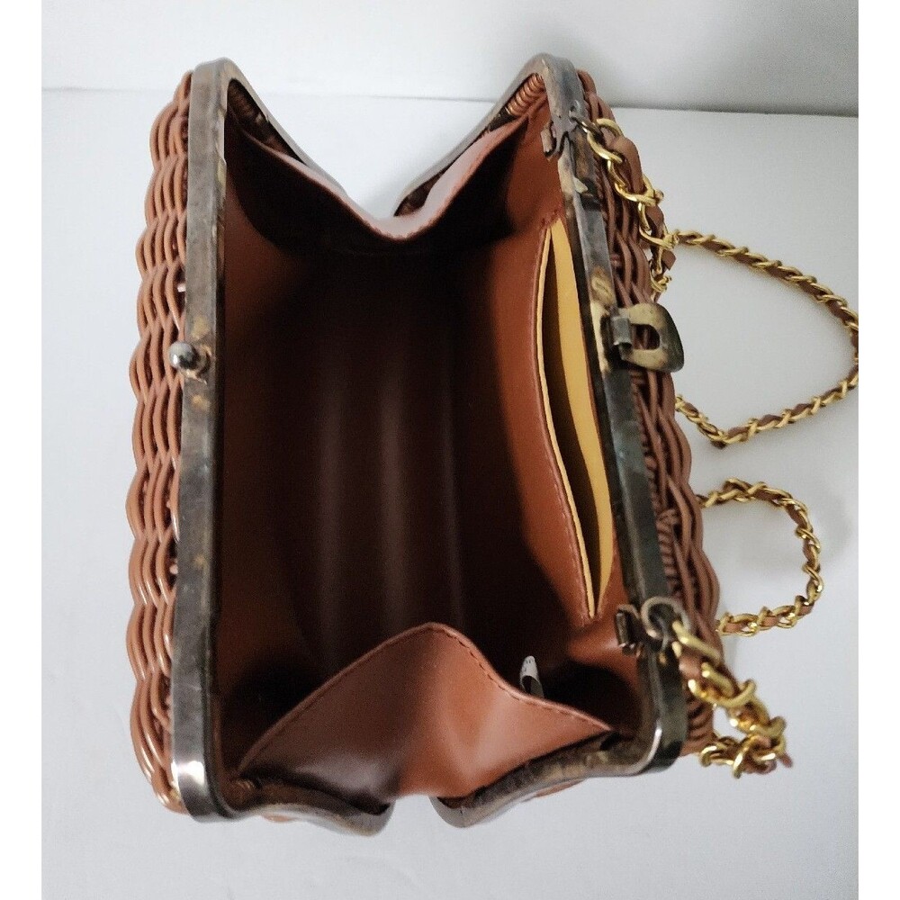 Vintage Tandem Faux Straw Bag Crossbody Purse Chain Strap Brown Gold Retro - Picture 14 of 16